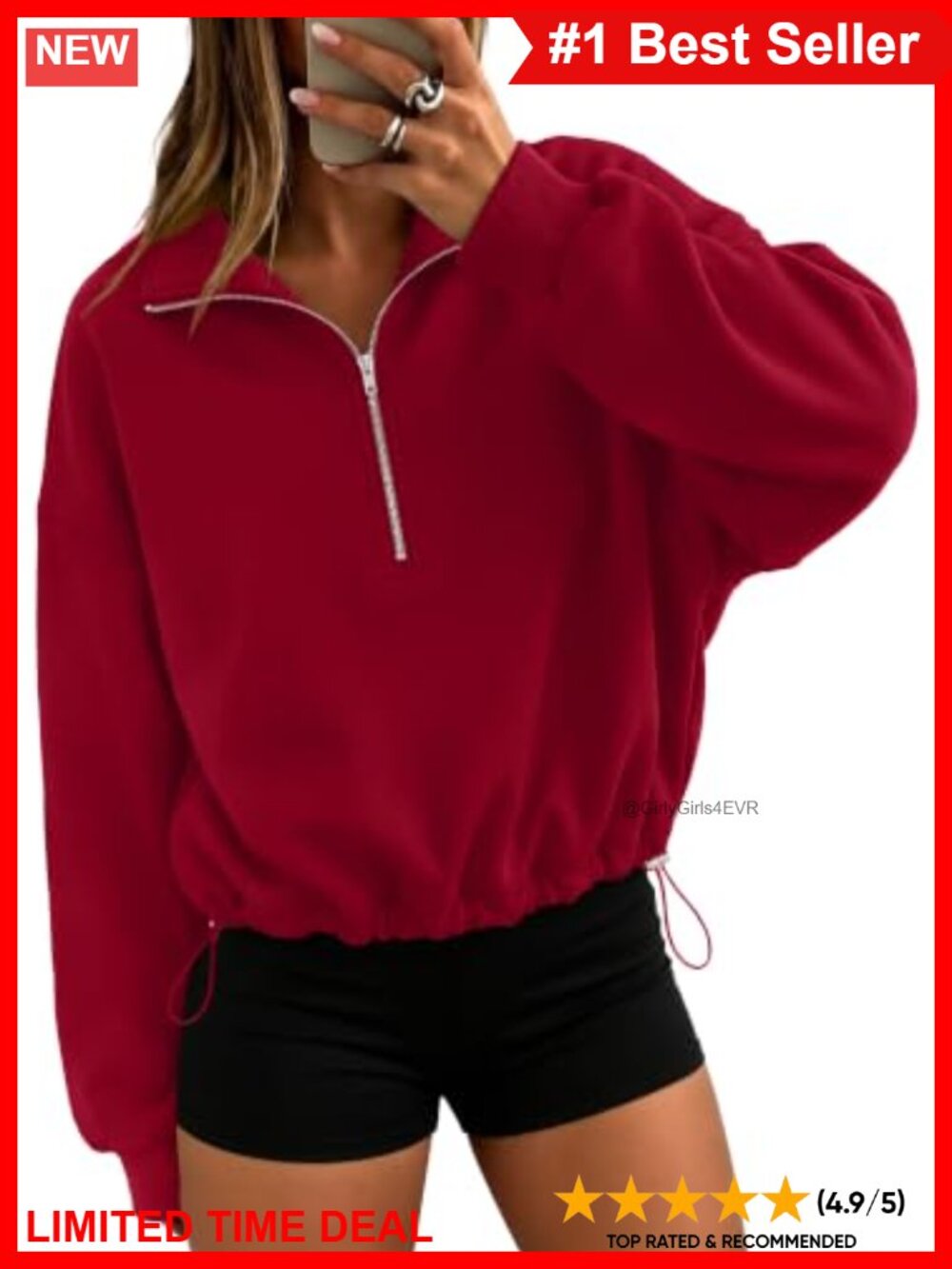 Quarter Zip Fleece Crop Sweatshirt Cinchable Hem Pullover